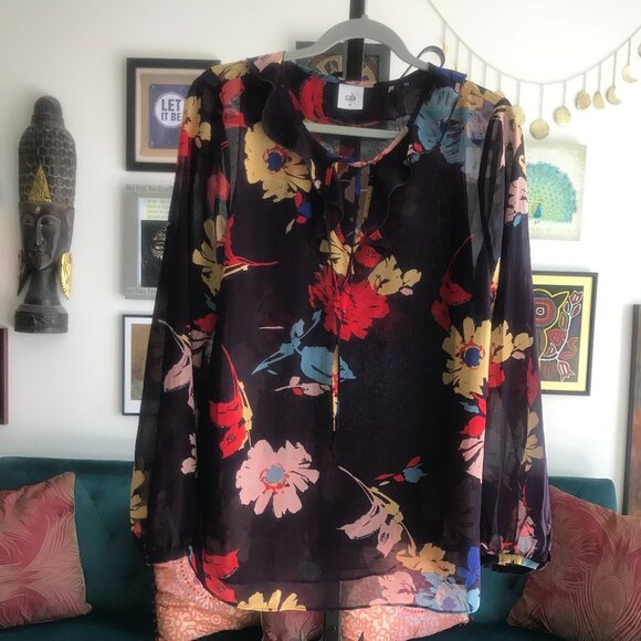 CAbi size M #3859 Juliet Tie Neck Ruffle Plum Floral Chiffon Peasant Blouse - Picture 1 of 4